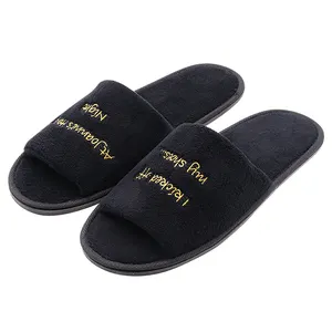 UG wholesale open-toe black velvet hotel guest room slipper cotton comfortable soft home hotel thick-soled non-slip slippers