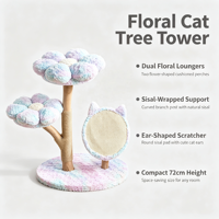 Pettoyglobal 72.5cm Pohon Kucing Double Flower Perch dengan Batang Kayu Melengkung & Mainan Garukan Sisal Bentuk Telinga Kucing, Mudah Dirakit, Aman untuk Kucing