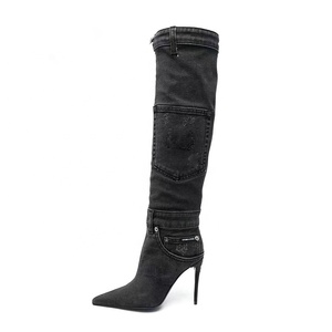 Bottes longues en jean pour femmes, à talons aiguilles fins, bout pointu, avec poches, coupe large - Product Image 5