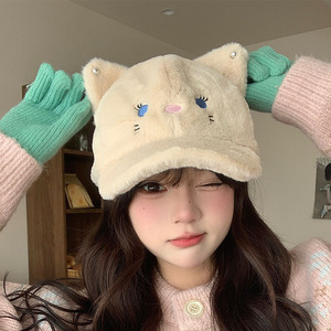 Korean Style Plush Cat Ear Baseball <b>Cap</b> For Women <b>Winter</b> Warm Windproof Fleece Hat - Product Image 4
