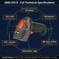Lecteur de codes-barres filaire ergonomique UMG-HS10 1D USB CCD pour supermarché, restaurant