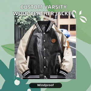 Blouson universitaire décontracté personnalisé pour le printemps, corps en laine, manches en spandex/polyester, fermeture éclair sur le devant, coupe-vent et respirant, style Letterman, OEM - Product Image 2
