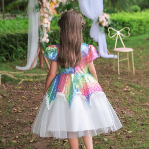 Children's Rainbow <b>Sequin</b> Princess Dress O-Neck A-Line Tulle Flower Girl Costume For Party Performance - Product Image 3