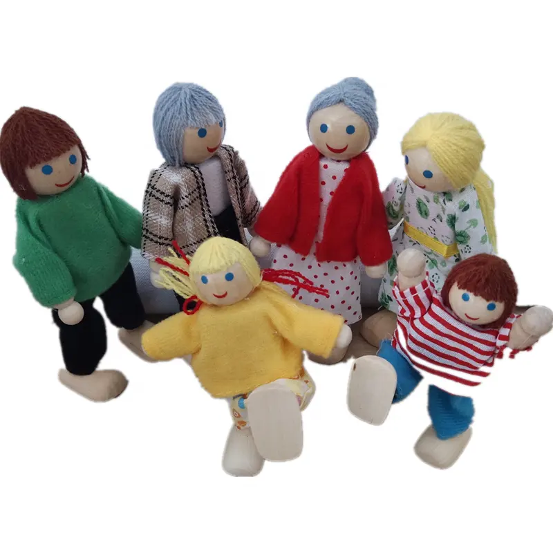 עץ שמח בובה משפחה של 6 אנשים חבל עץ משחק דמויות גמישות ילדים צעצוע