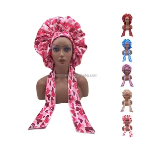 Customized Satin Silk Print Edge Wrap Shower Cap Night Sleep Cap Designer Satin Hair Large Jumbo Bonnet For Women