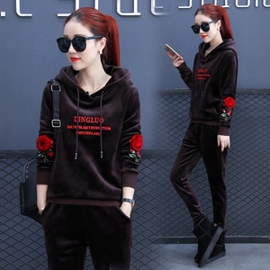 Versione coreana di abito <span class=keywords><strong>in</strong></span> <span class=keywords><strong>velluto</strong></span> dorato da <span class=keywords><strong>donna</strong></span> primavera e autunno nuovi pantaloni con cappotto ricamato sport a due pezzi per il tempo libero - Product Image 2