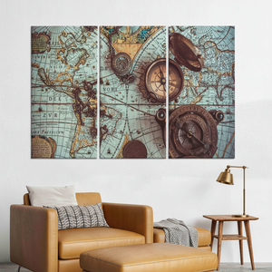 Vintage World <b>Map</b> Canvas Print: Elegant Brass Compass Wall Art,SET OF 3 CANVAS - Product Image 3
