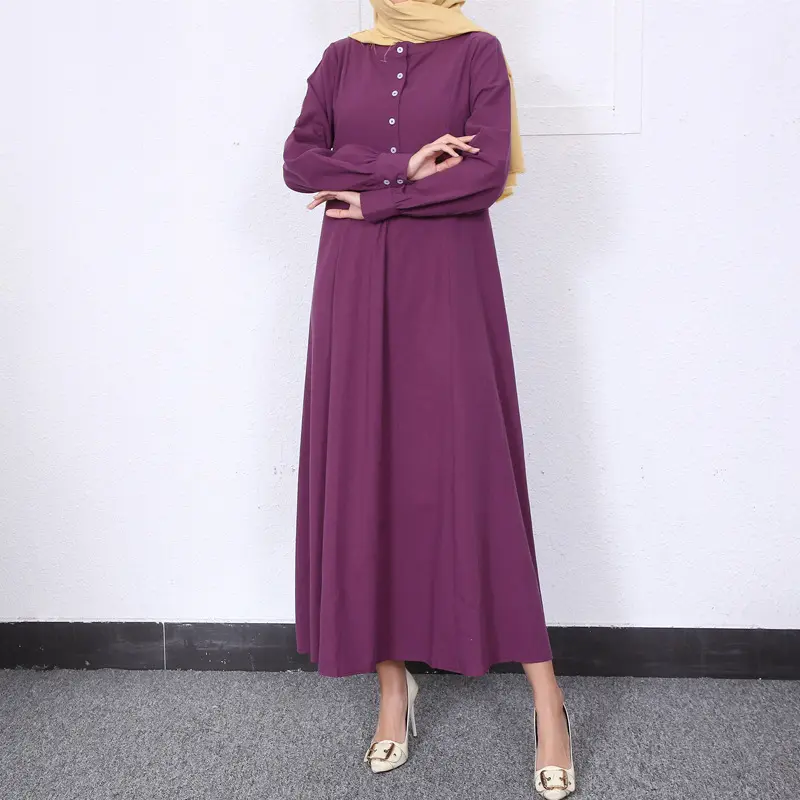 New Pleated Hem Muslim Long Dress Button Crew Neck Loose A-line Dress Abaya Islamic Clothing Manufacturers Women Dress