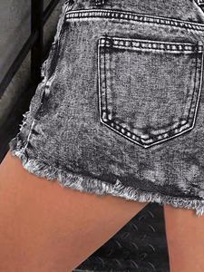 Shorts en jean ultra-courts pour femme, couleur unie, taille mi-haute, délavés, déchirés et effilochés, style streetwear polyvalent et sexy, tendance mode estivale - Product Image 5