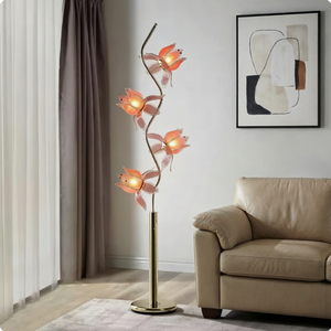 Lámpara de Pie Moderna con Forma de Flor de Loto, 4 Pantallas de Vidrio en Forma de Pétalo, Soporte Curvo de Hierro, Portalámparas E26, Lámpara de Pie Decorativa para - Product Image 1