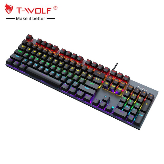 T-WOLF T17 Mechanical Keyboard USB Wired Keyboard RGB rainbow Light for Gaming Computer 104keys Ergonomics Multimedia Keyboard