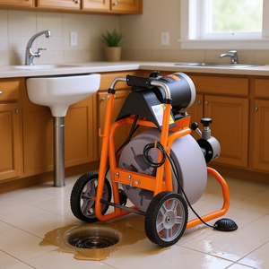 Máquina limpiadora de desagües con alimentación automática de 3/8 pulgadas x 100 pies con 8 cortadores y ruedas para uso en cocinas y baños - Product Image 2