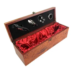 Caja de regalo de madera con logotipo personalizado, Juego de 4 accesorios para vino, estuche portátil para una sola botella con abridor de vino, sacacorchos