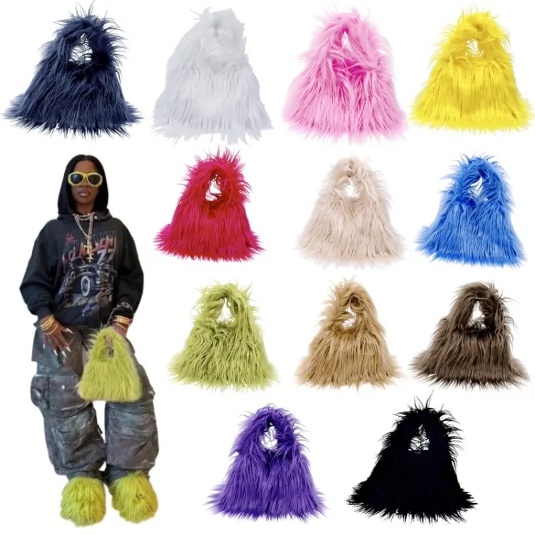Fashion New Small Long Mongolia Fur hand Bags Women and Ladies Shoulder bag Furry Plush Faux Fur Bags Purse