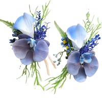 Boutonnières et corsages de poignet réalistes faits main en PU, tons bleus, pour mariages et banquets, avec lys calla et phalaenopsis, décorations pour verres à vin