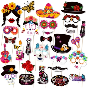 Hstyle 30PCS Mexikanisches Thema Halloween <span class=keywords><strong>Photo</strong></span> <span class=keywords><strong>Booth</strong></span> Requisiten Tag der Toten Dekore Zuckers chädel Masken Ringelblume Blumen Dekore HS1907 - Product Image 3