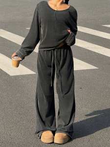 Pantaloni personalizzati da donna <span class=keywords><strong>in</strong></span> puro <span class=keywords><strong>cotone</strong></span> larghi da donna a maniche lunghe con motivo solido tessuto a maglia Casual alla moda - Product Image 5