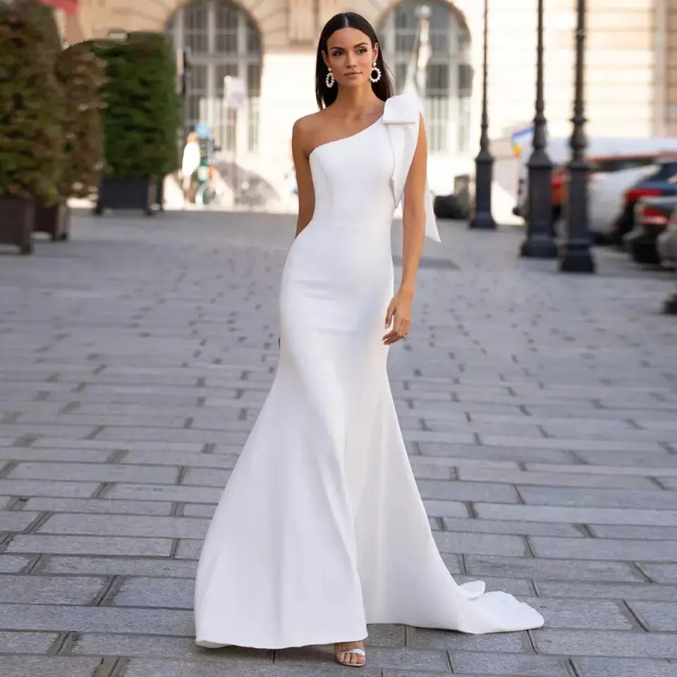 Elegant One Shoulder Bow Beach Bride White Simple Bridal Gowns Satin Mermaid Wedding Dresses