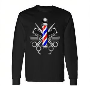 T-shirt à manches longues unisexe à col rond avec impression numérique, motif poteau de barbier, ciseaux et peignes, promotionnel pour adultes - Product Image 2