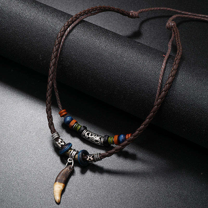 Bohemia Tooth Pendant Necklace for Men Women Beaded Weaved Leather