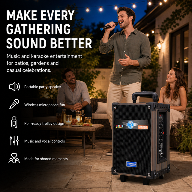 HANSUO HS-TS08Q3 40W 8 Inch Trolley Karaoke Party Speaker with Two Wireless Microphones USB FM and Retractable Handle