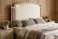 Lit de rangement de luxe réglable de qualité supérieure, taille Queen, en bois clair, avec tête de lit capitonnée beige et sculptée en arche, assemblé