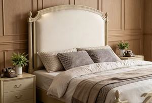 Premium Queen Size Light Wood Spindle <b>Bed</b> With Beige Upholstered Arched Carved Headboard For French Country Bedroom - Product Image 2