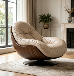 <span class=keywords><strong>Fauteuil</strong></span> <span class=keywords><strong>pivotant</strong></span> de style européen, <span class=keywords><strong>coque</strong></span> en bois courbée, aspect cuir crème, dossier capitonné, <span class=keywords><strong>fauteuil</strong></span> d'appoint rotatif - Product Image 2