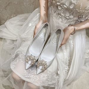 Classic Women <b>Pumps</b> Luxury Rhinestone Silk Wedding Shoes <b>White</b> Pointed Toe Party Dress <b>Ladies</b> Stiletto Bridal Heels - Product Image 4
