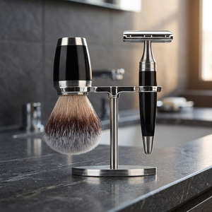 Support de rasage, nouveau design, ensemble de rasage 3 pièces en argent pour hommes, avec le meilleur pinceau à raser en poils synthétiques de blaireau et rasoirs - Product Image 3