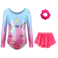 Justaucorps de danse et de gymnastique pour enfants B79 avec logo personnalisé, dégradé de couleurs, manches longues, ensemble 3 pièces avec jupe scintillante