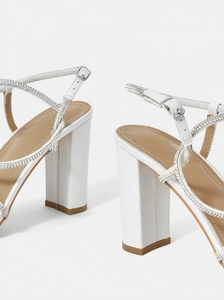 Elegante zomerse dames sandalen met vierkante neus, strass steentjes, PU, hoge schacht, instapper, trendy, ultrahoge dikke hakken - Product Image 4