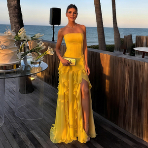 Yellow Strapless Ruched Ruffle High Slit Formal Evening Dress, Elegant A-line Long Maxi Casual Dress for Party & Beach Vacation - Product Image 1