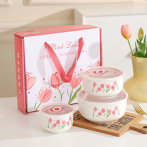 Bol en céramique Tulip pour la conservation des aliments, compatible micro-ondes, boîte à lunch pour étudiants et travailleurs, anti-fuite d'alcool avec couvercle hermétique - Product Image 2