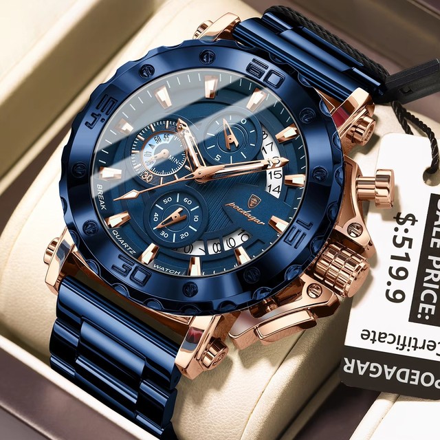 POEDAGAR 892 Watch Luminous Waterproof Chronograph Top Brand Luxury Big Dial Stainless Steel Wristwatches Date Relogio Masculino