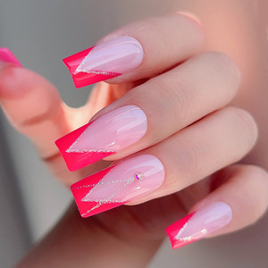 Uñas Postizas Pre-diseñadas con Punta Cuadrada Estilo Europeo Americano, <span class=keywords><strong>Diseño</strong></span> de <span class=keywords><strong>Manicura</strong></span> <span class=keywords><strong>Francesa</strong></span> con Pedrería, 24 Piezas, Uñas Postizas Removibles - Product Image 3