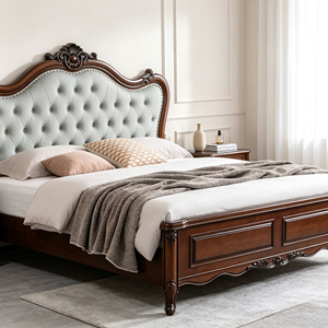 Traditional Queen Size Wood Bed Frame with Tufted Faux Leather Upholstery and Mahogany Finish - Product Image 2
