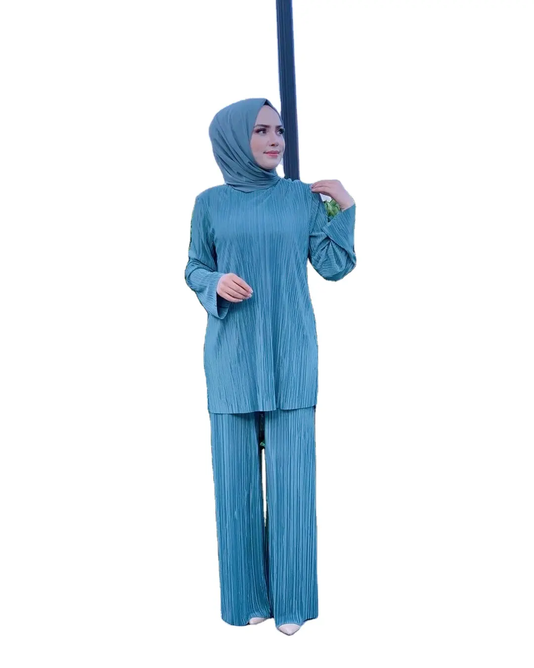 Casual Solid Color Muslim Everyday Wear Basic pleated Tunic With Pant Set Women Blouse Traditional Muslim Clothing&Accessories