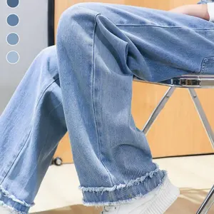 Fashion Ragged wide leg pants washed light blue denim cotton kids jeans supplier cute trousers for teen girls
