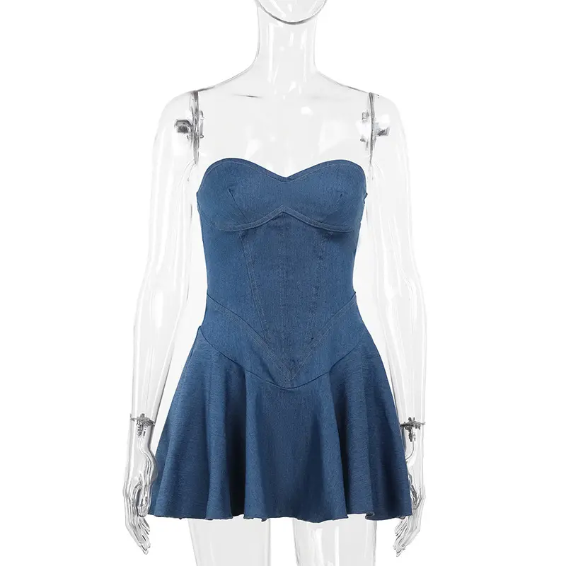 OJW173 Neuheiten von sexy trägerlosen Denim mini ärmellosen A-Line-Kleid für Damen