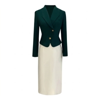 Ensembles de costumes pour femmes, blazer vert foncé, jupe crayon ivoire, deux pièces, simple boutonnage, boutons dorés, pour bureau, hôtel, réception, sur mesure