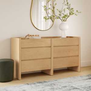 <span class=keywords><strong>Commode</strong></span> <span class=keywords><strong>scandinave</strong></span> en chêne naturel à <span class=keywords><strong>6</strong></span> <span class=keywords><strong>tiroirs</strong></span>, panneau latéral arrondi, <span class=keywords><strong>commode</strong></span> minimaliste, meuble de rangement sans poignées pour chambre à coucher - Product Image 1