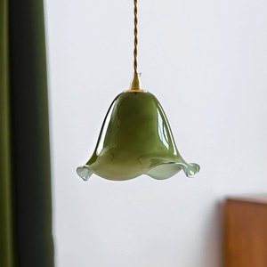 Green Gradient Glass Pendant <b>Light</b> With Skirt Design For Dining Room Entryway Lighting Gold Base Copper Body Led <b>Light</b> Source - Product Image 3