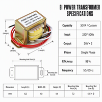 Transformateur de puissance compact monophasé de type EI, sec, avec tension d'entrée/sortie personnalisée 110V 220V 50/60Hz