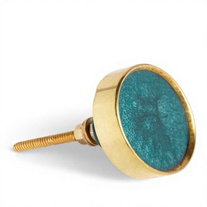 Traditional Brass Round Furniture <b>Knob</b> with Teal Inlay for Drawer Cabinet Hardware Durable Metal Handle - Product Image 1