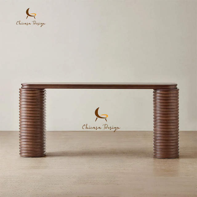 Modern Hotel Lobbies Minimalist Luxury Sleek Design Ribbed Columns Walnut Center Console Table