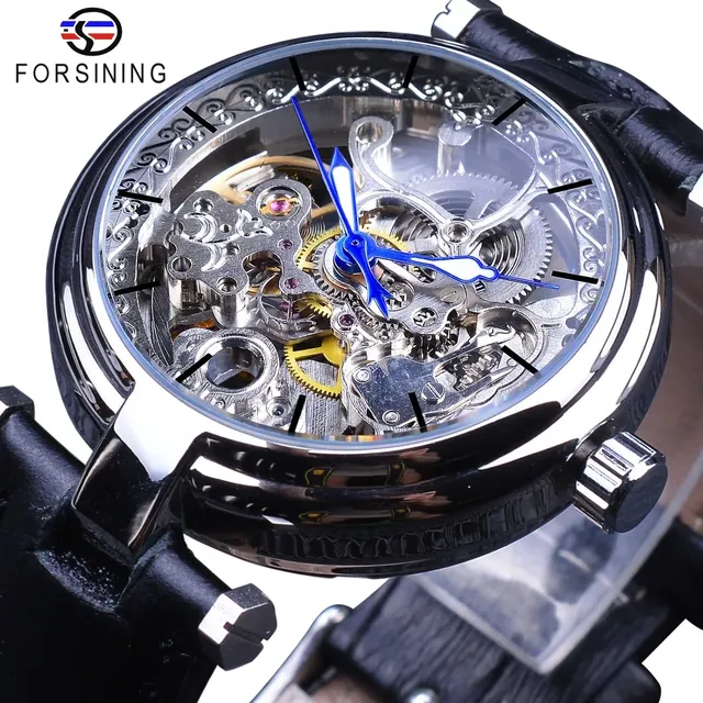 Forsining Fashion Silver Movement Watches Blue Luminous Hands Leather Men's Mechanical Wristwatch Waterproof Male Clock
