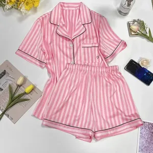 Ensemble pyjama <span class=keywords><strong>femme</strong></span> grande taille à manches courtes pour étudiant Homewear deux pièces Cardigan revers Senior sens du court rayé - Product Image 2
