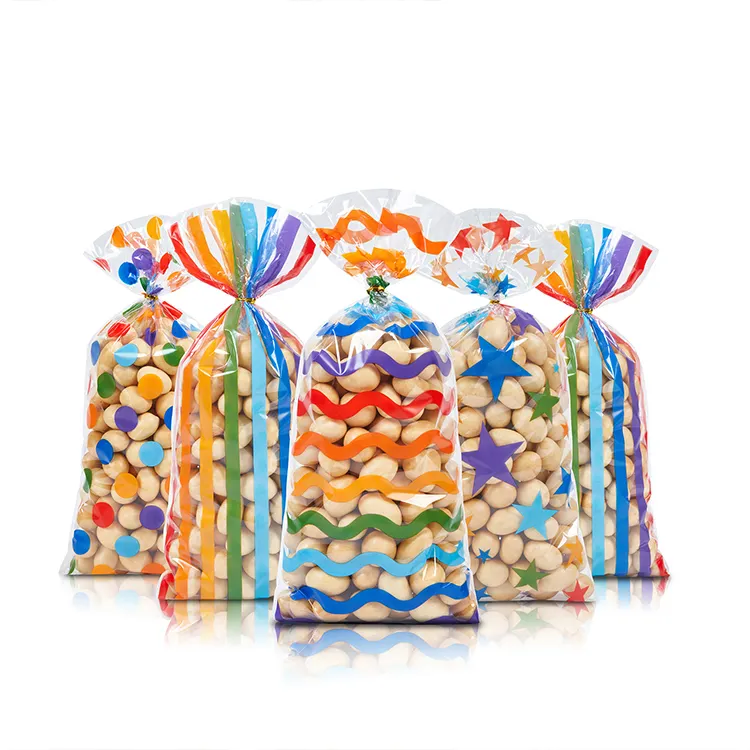 Цветная Радужная сумка для закусок, 4 узора, прозрачная целлофановая Подарочная сумка на детский день с лентой