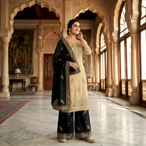 <b>Women</b> Beige Embroidered <b>Kurta</b> With Black Palazzo And Dupatta Traditional Party Wear Set - Product Image 1